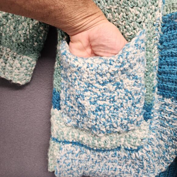 Womens Handmade Open Front Cardigan Large Blue Striped Pockets Long Line - Picture 6 of 15